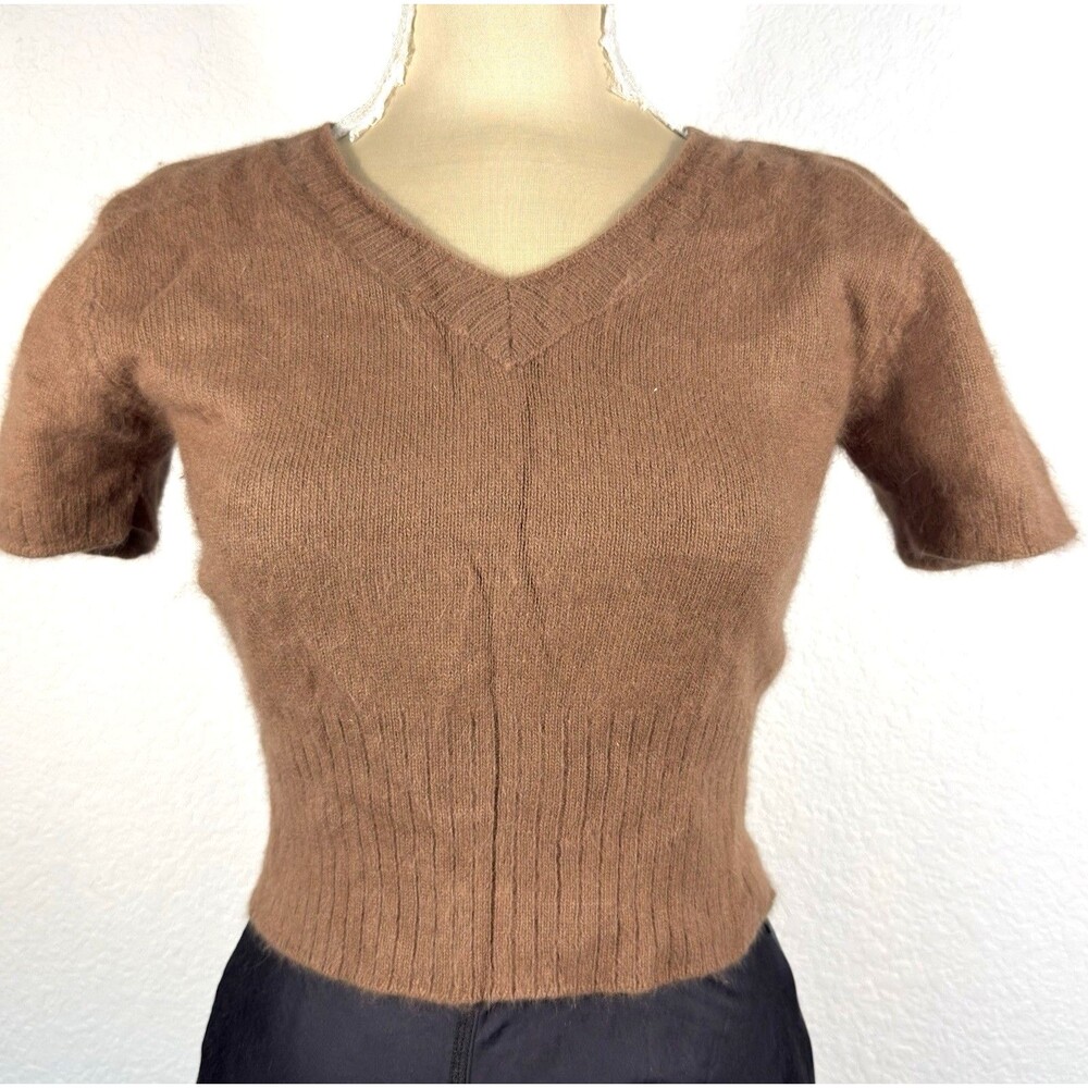 Vintage Accomplice Angora Rabbit Hair Sweater L Brown Fuzzy V Neck Short Sleeve